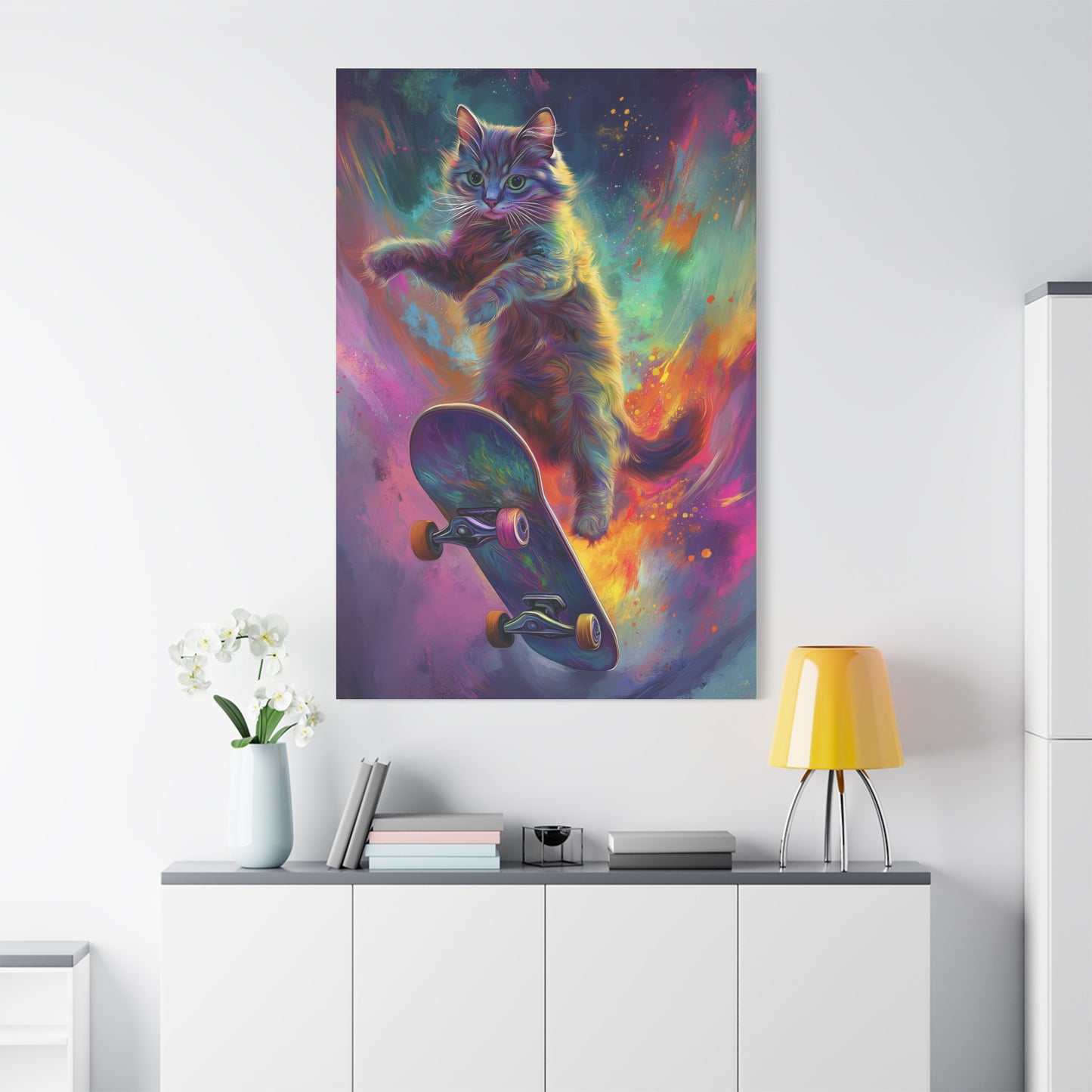 Chat Éblouissant en Skateboard Aérien