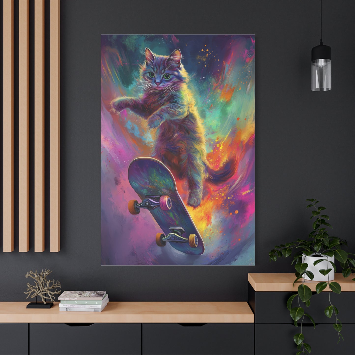 Chat Éblouissant en Skateboard Aérien