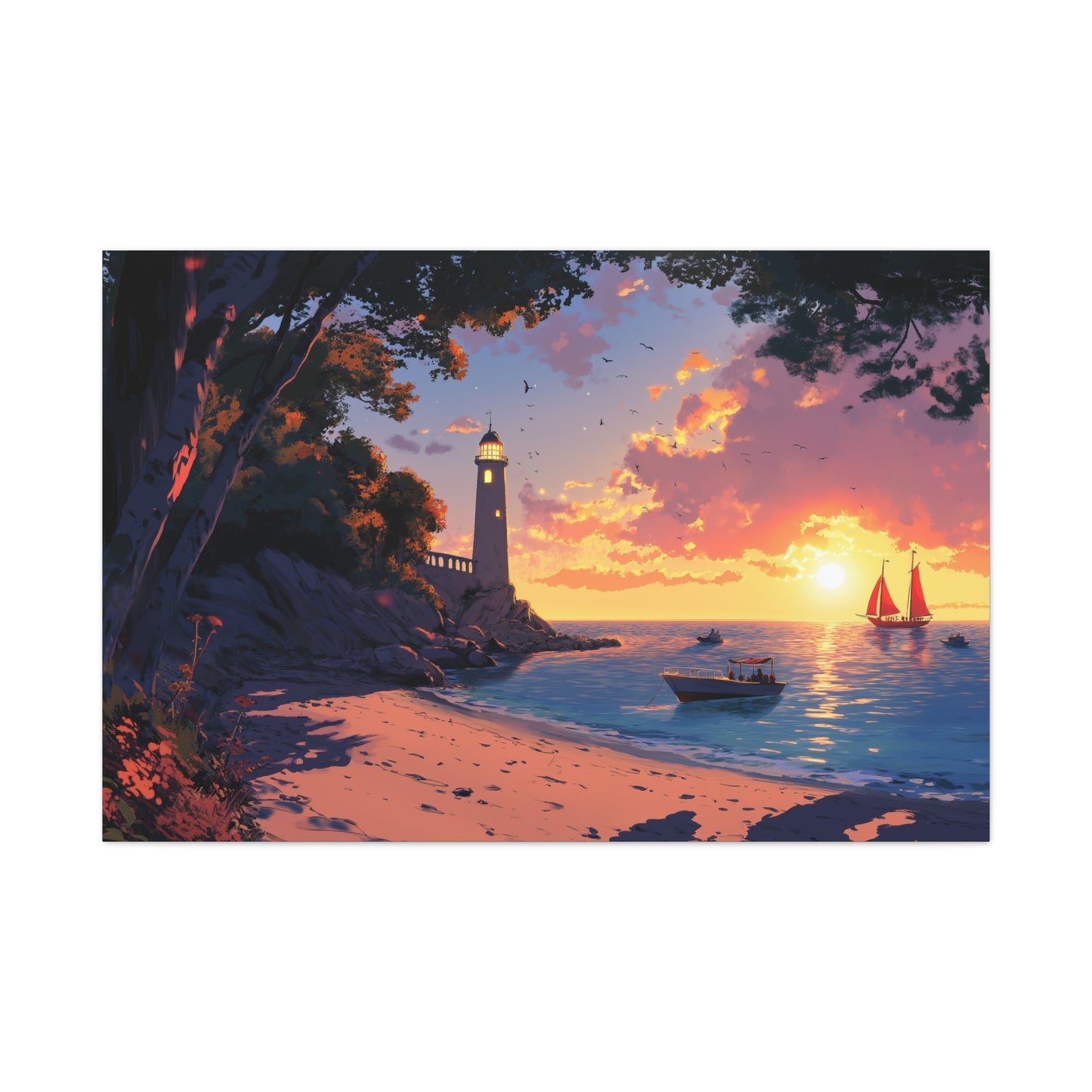 Phare Éclairé Sous Un Coucher Éblouissant