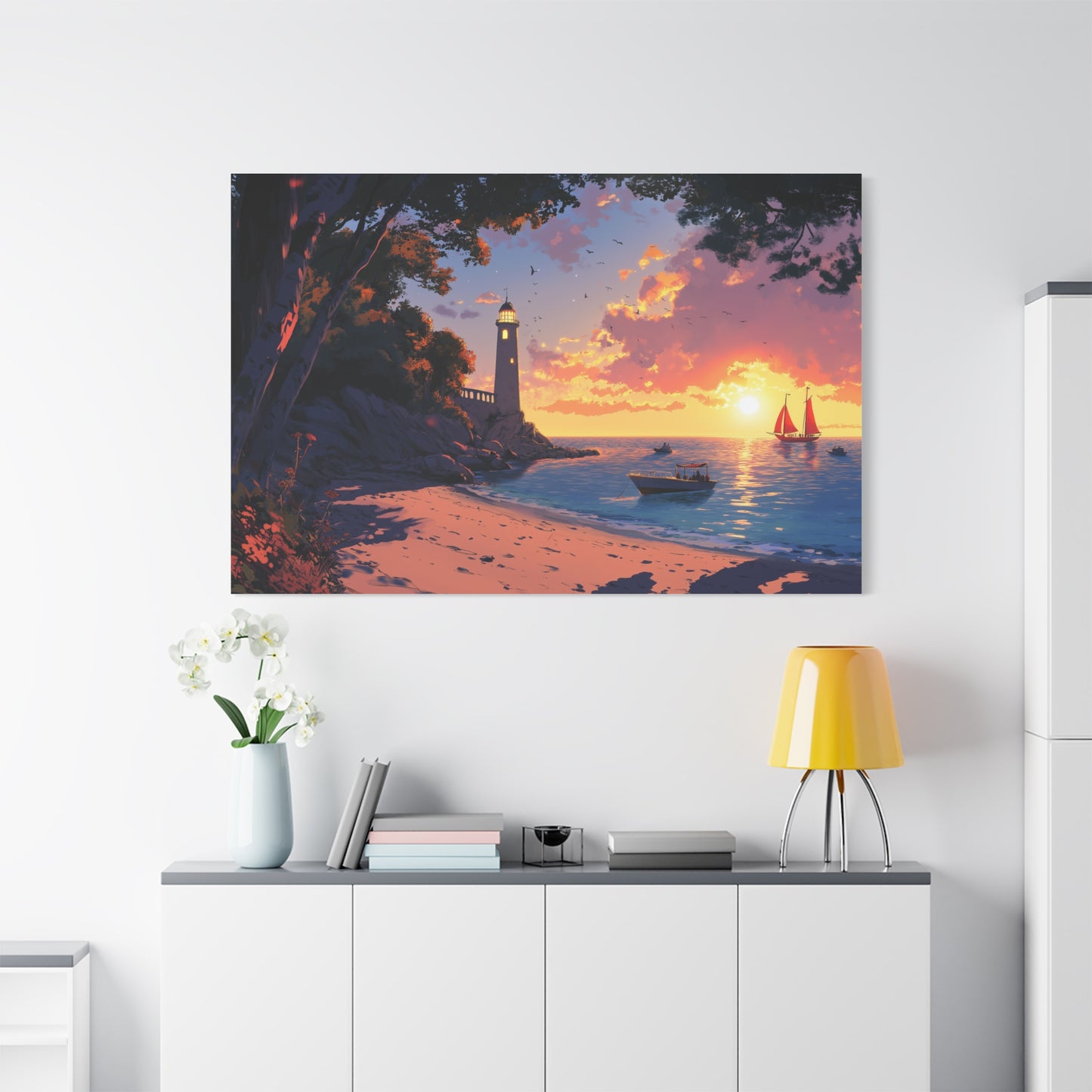 Phare Éclairé Sous Un Coucher Éblouissant