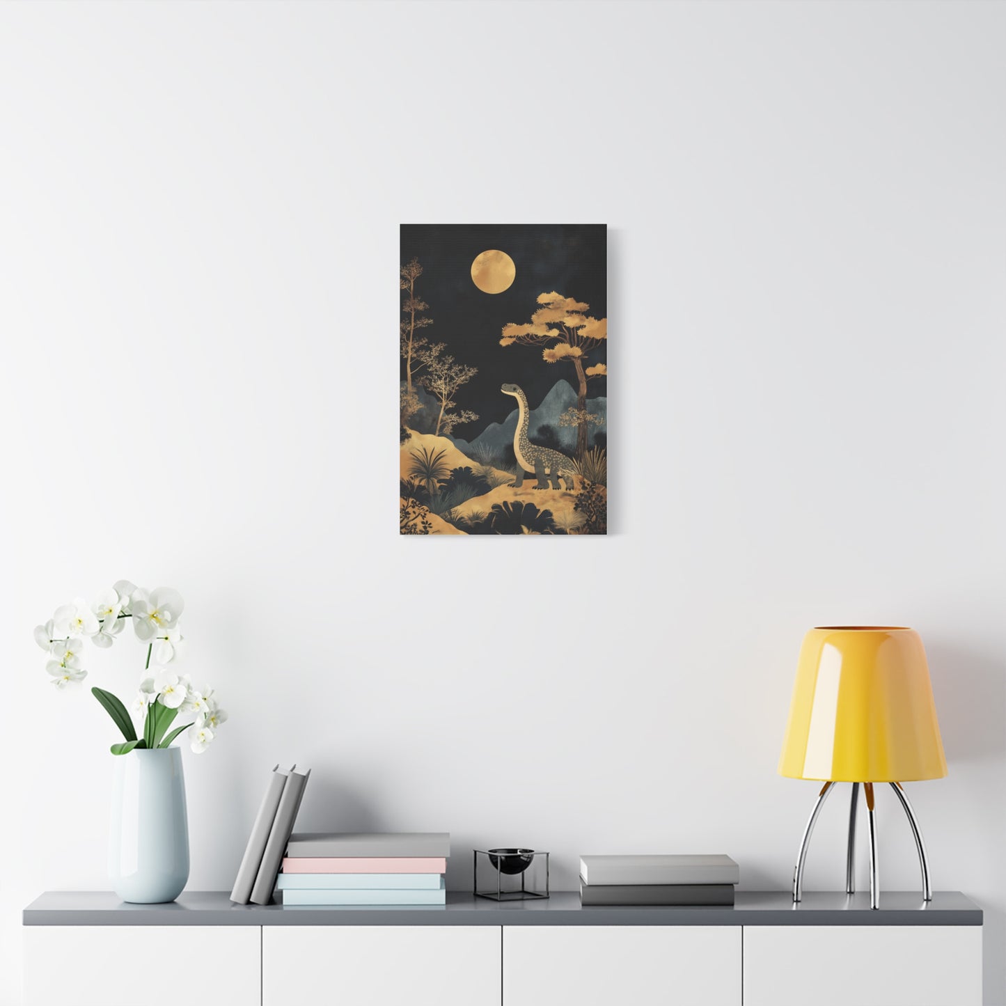 Dinosaure Rêveur Sous Lune Dorée