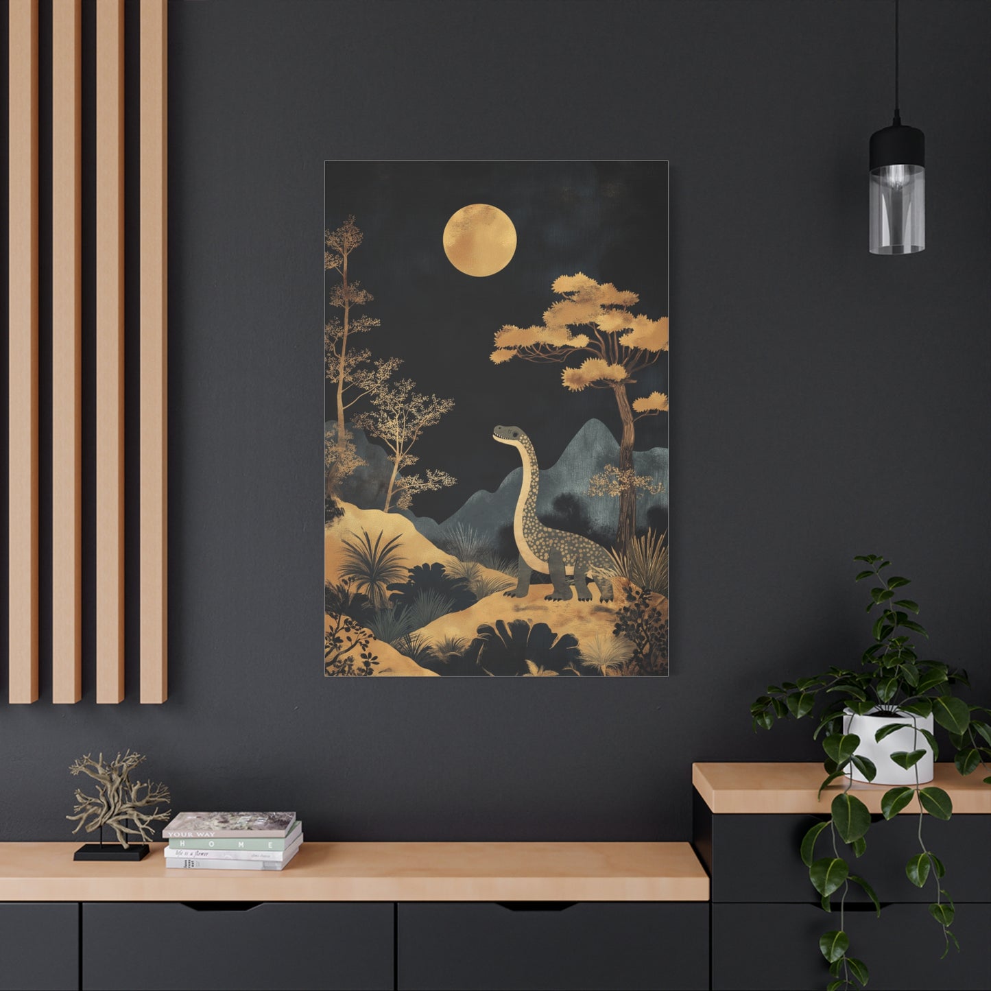 Dinosaure Rêveur Sous Lune Dorée