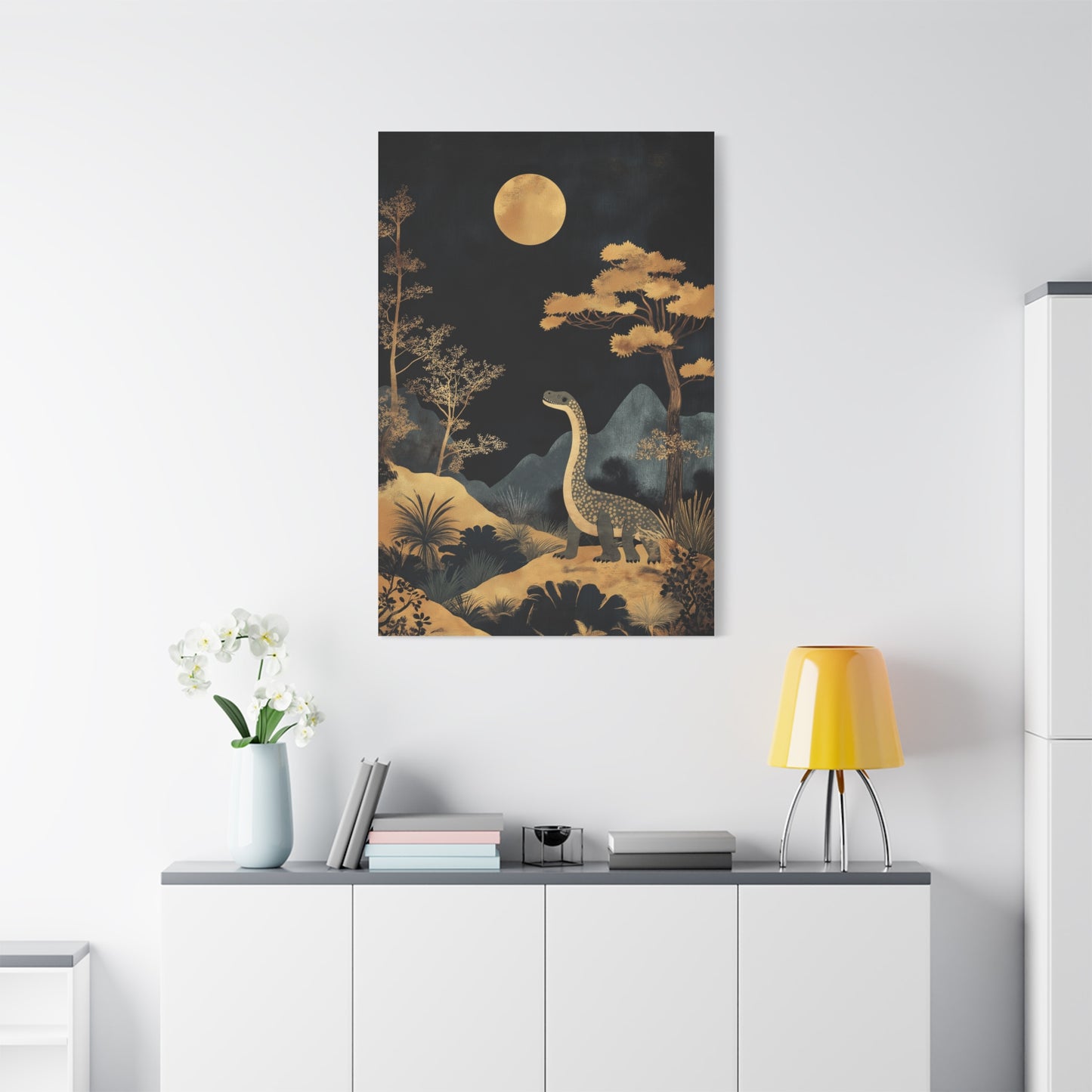 Dinosaure Rêveur Sous Lune Dorée