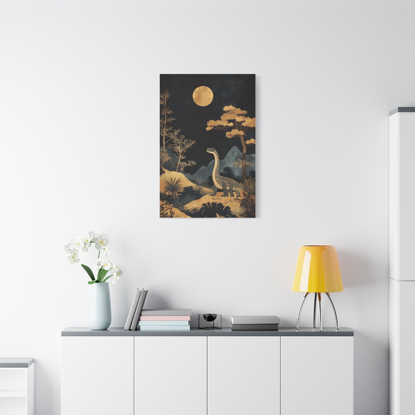 Dinosaure Rêveur Sous Lune Dorée