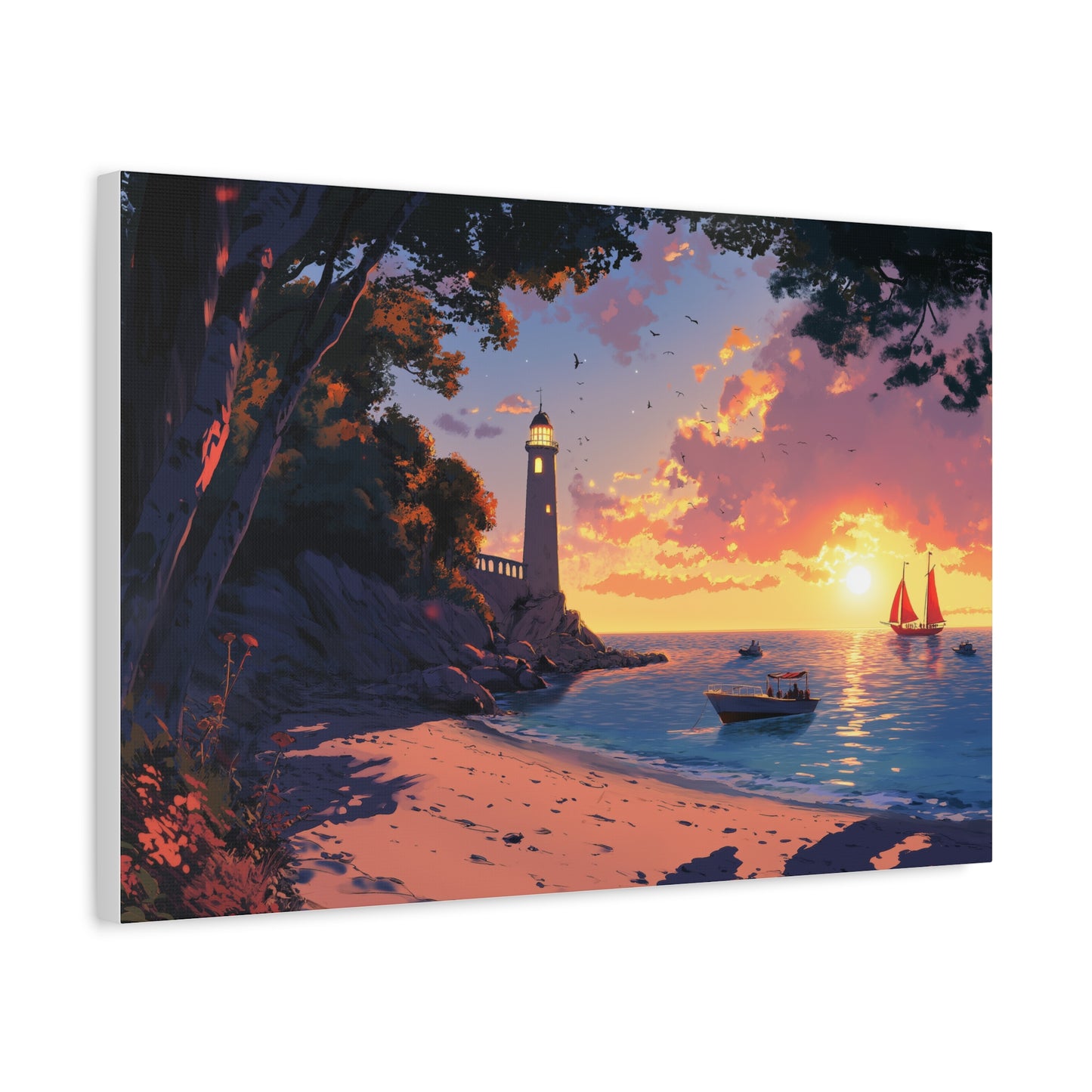 Phare Éclairé Sous Un Coucher Éblouissant