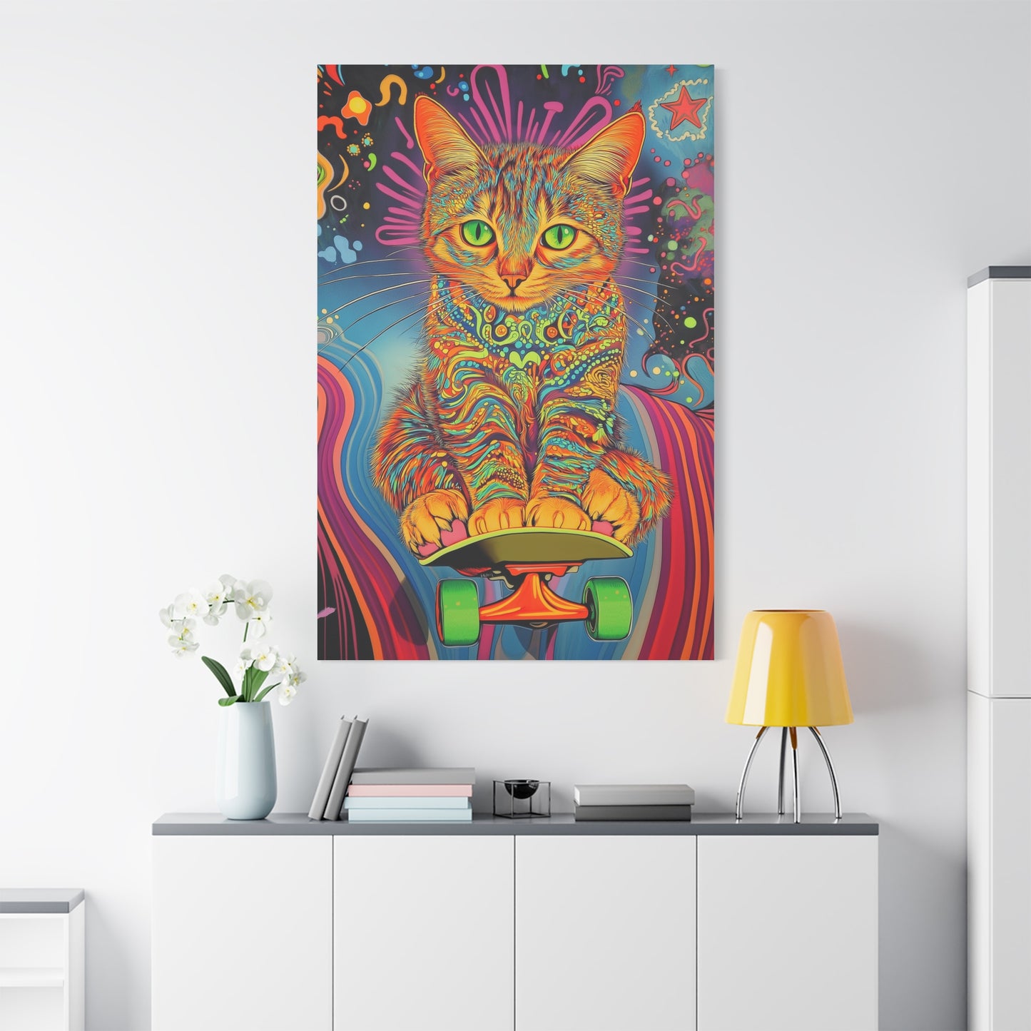 Chat Psychédélique sur Skateboard Cosmique