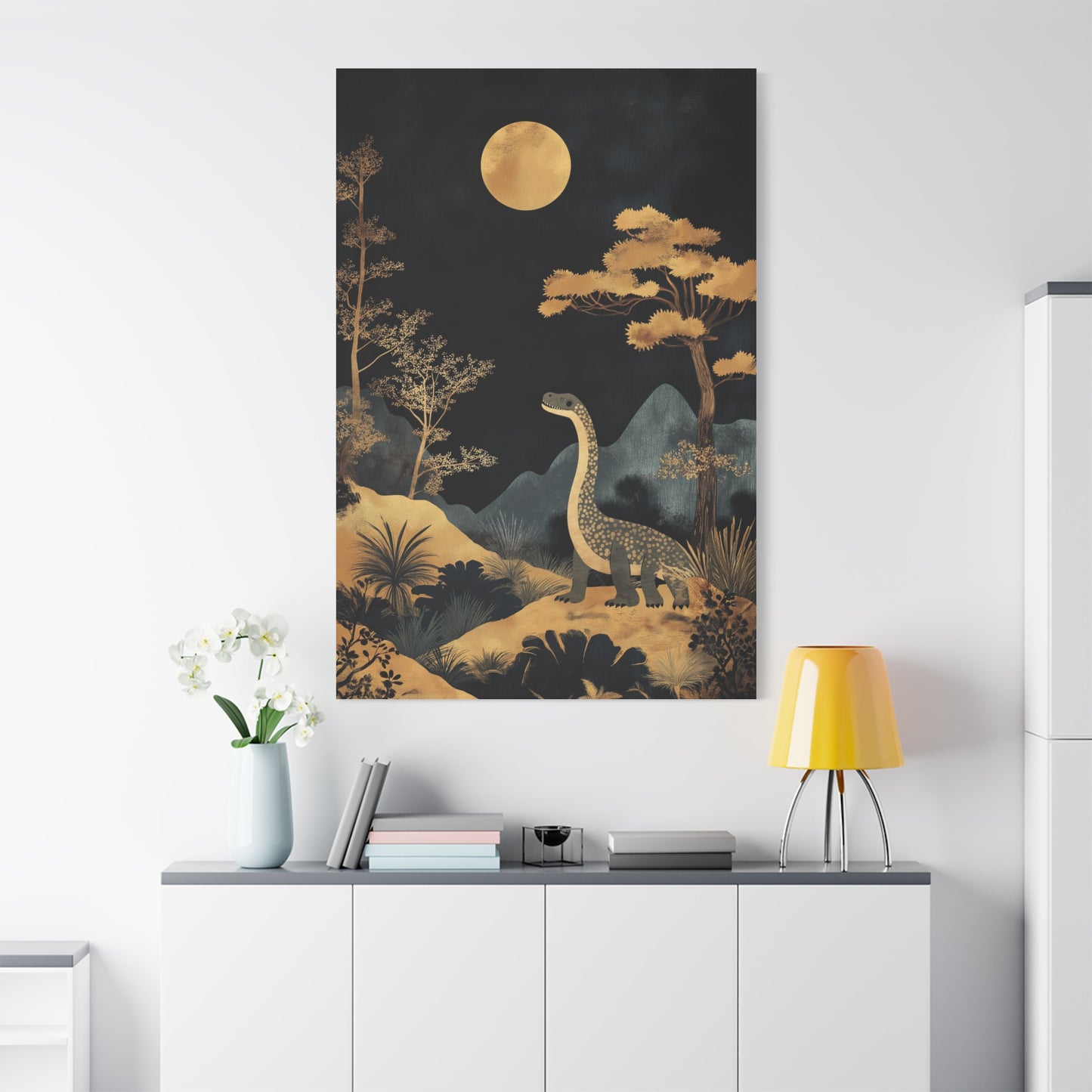 Dinosaure Rêveur Sous Lune Dorée