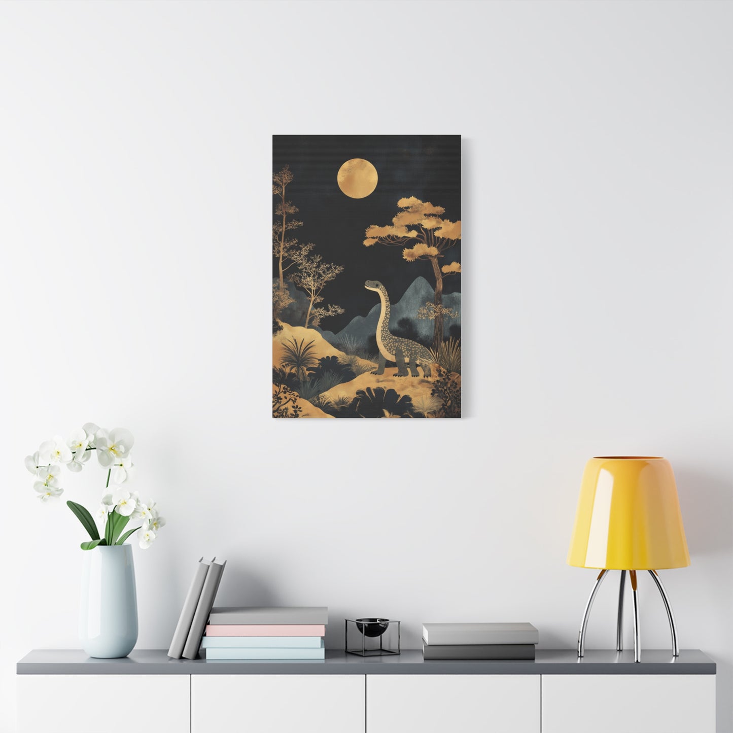 Dinosaure Rêveur Sous Lune Dorée