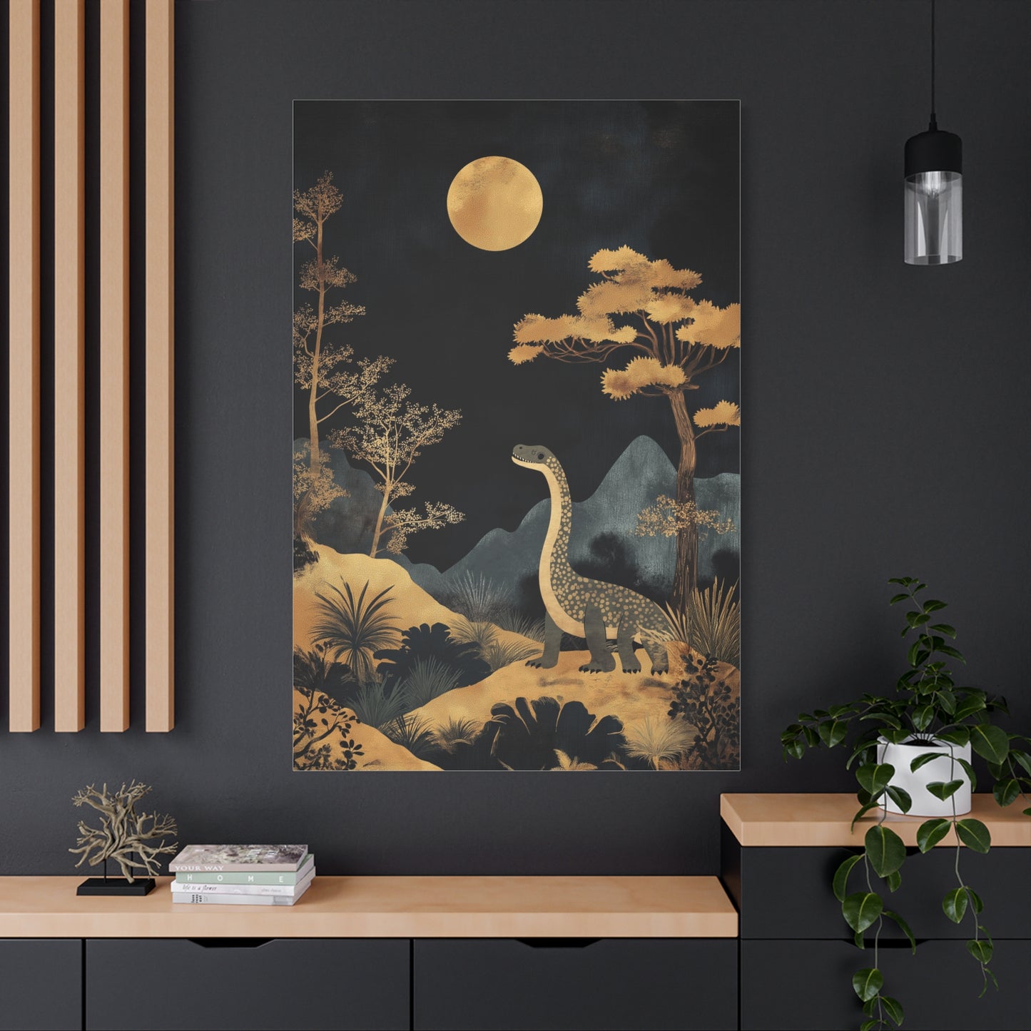 Dinosaure Rêveur Sous Lune Dorée