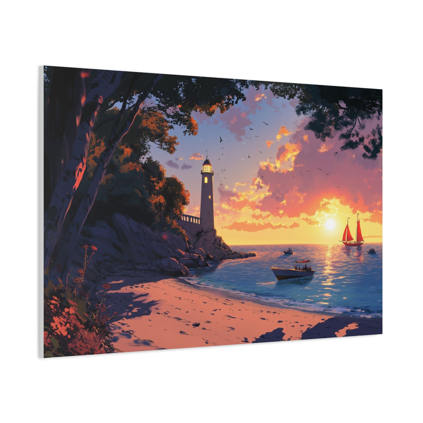 Phare Éclairé Sous Un Coucher Éblouissant
