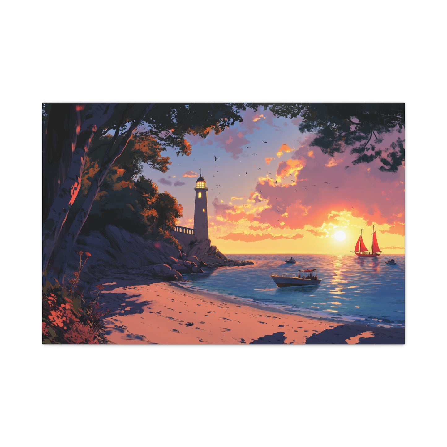 Phare Éclairé Sous Un Coucher Éblouissant