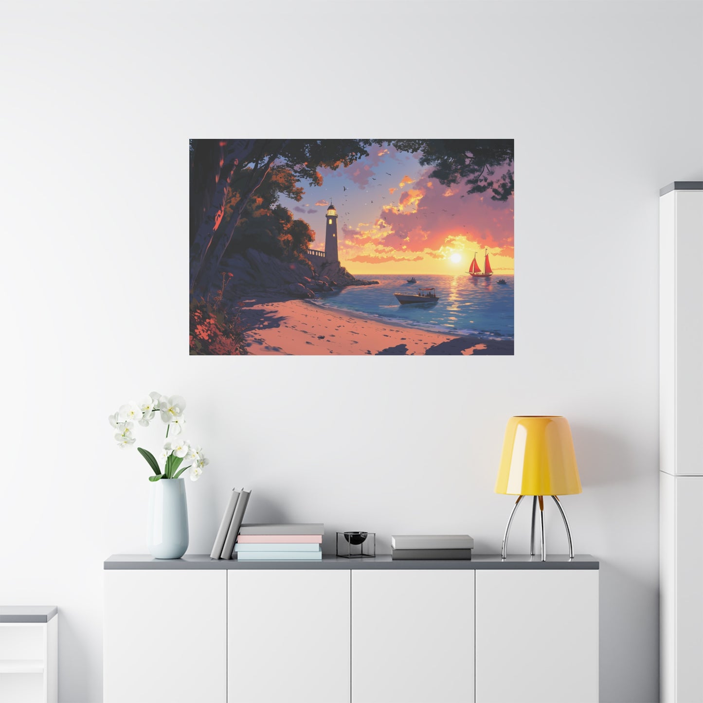 Phare Éclairé Sous Un Coucher Éblouissant