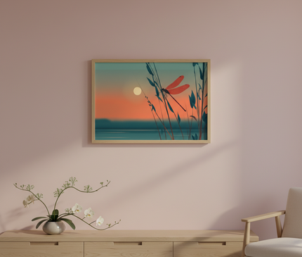 Demoiselle sur Roseau au Soleil Couchant