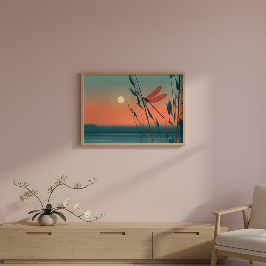 Demoiselle sur Roseau au Soleil Couchant